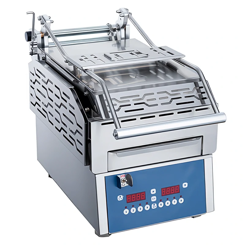 High-performance commercial countertop griddle with clamshell design for even cooking, featuring precise temperature control and durable construction.