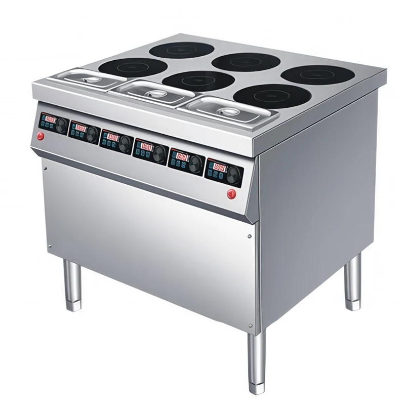 ETL Certified Commercial 6-Burner Induction Cooker Range with Bain Marie for efficient cooking and food warming in commercial kitchens.