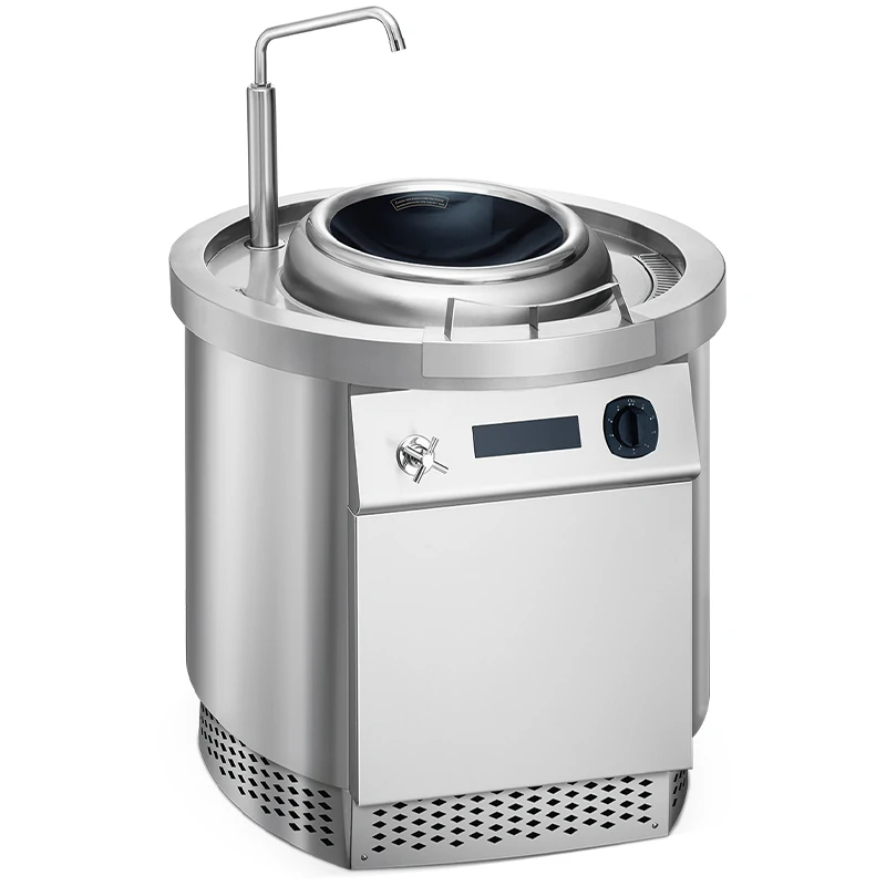 Commercial induction wok cooker with stainless steel body, designed for commercial kitchen use with a sleek, modern look.