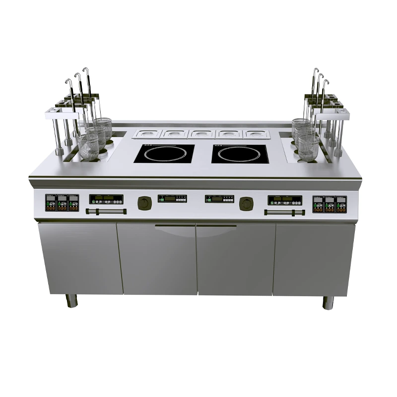Smart commercial cooking workstation with automatic noodle cooker and dual induction burners