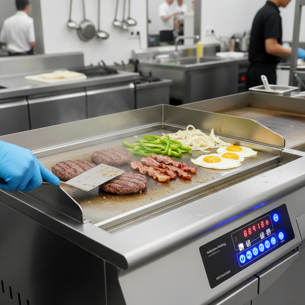 Commercial induction griddle in use in a professional kitchen