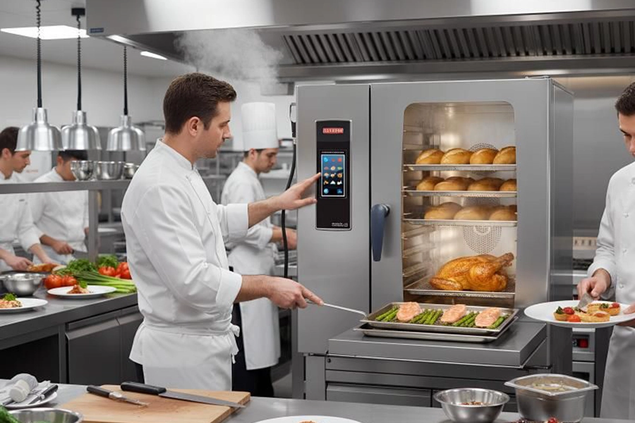 Commercial combi oven in a modern professional kitchen setup
