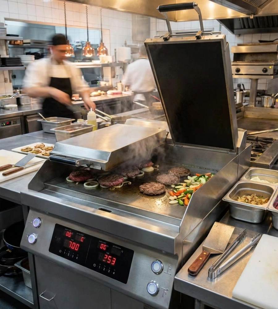 Heavy-duty commercial clamshell griddle featuring top and bottom heating plates for efficient, even cooking in busy foodservice environments.