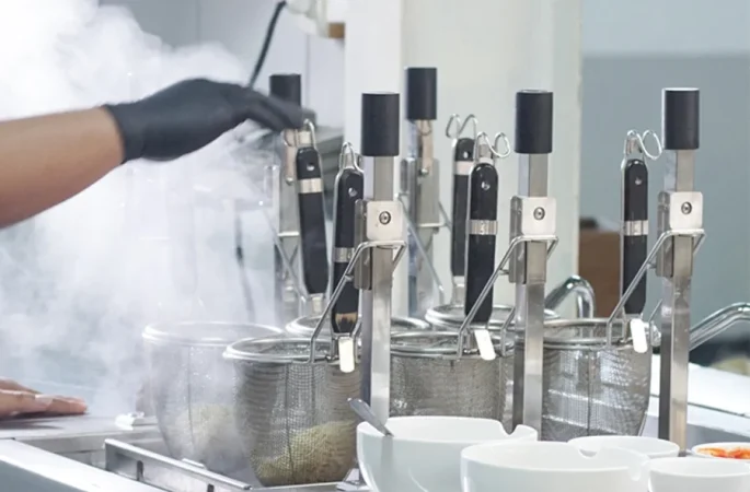 Commercial automatic lifting noodle cooker with multi-basket design in restaurant kitchen