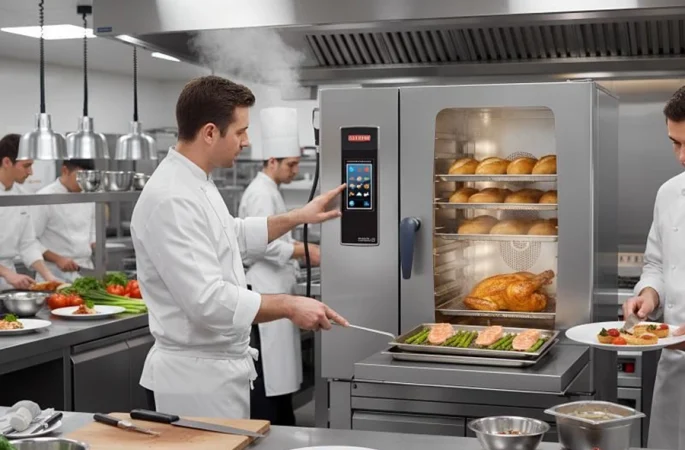 Commercial combi oven in a modern professional kitchen setup