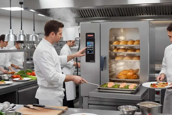 Commercial combi oven in a modern professional kitchen setup